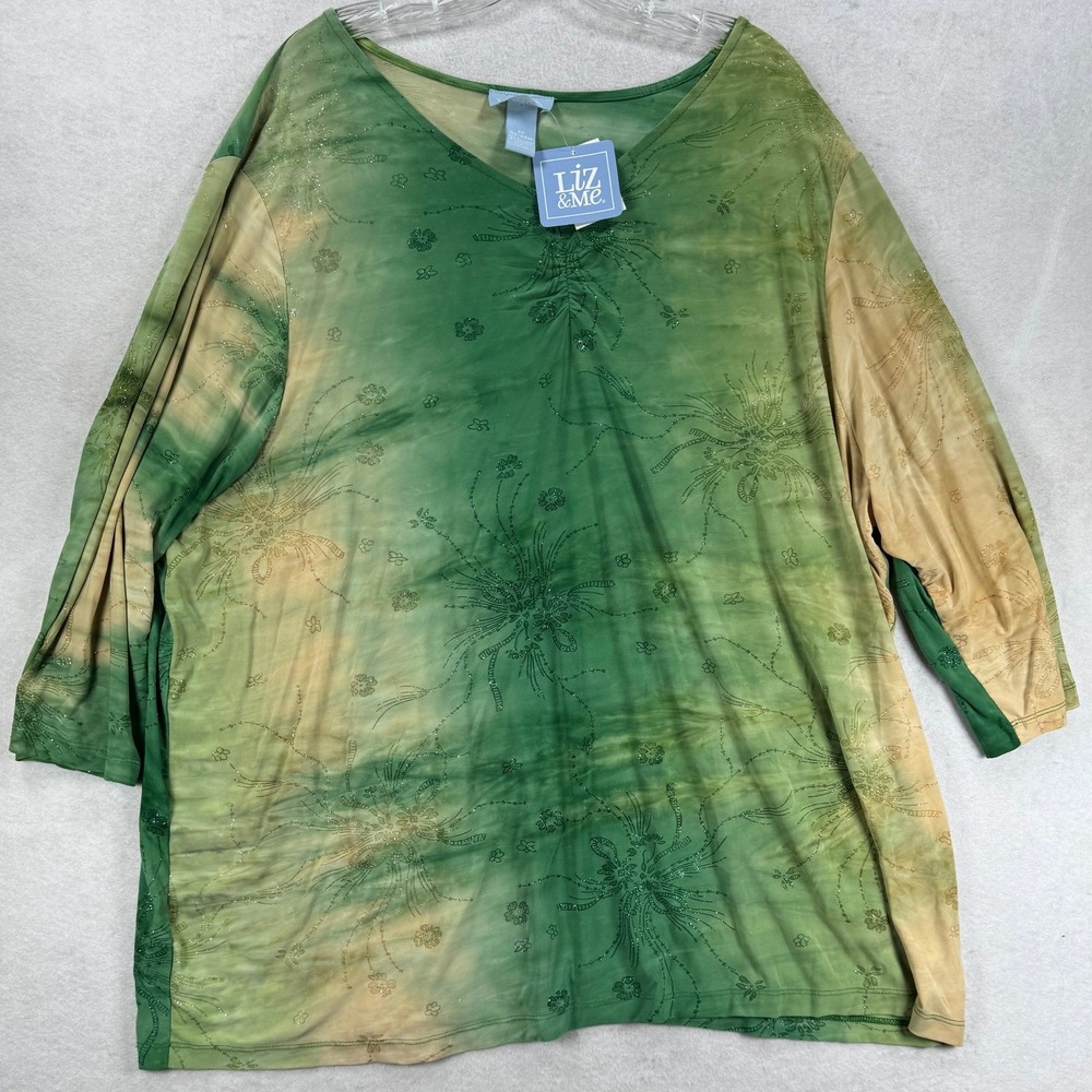 Liz & Me Green Tie Dye Glitter‎ Floral V-Neck Top 3/4 Sleeve Plus Size 2X 22/24W